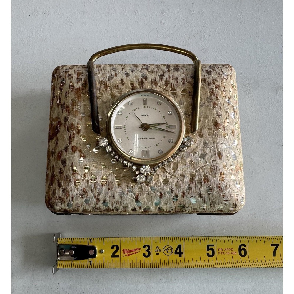 Vtg Phinney-Walker German Rhinestone Purse Jewelry Box Working Alarm Clock TubX